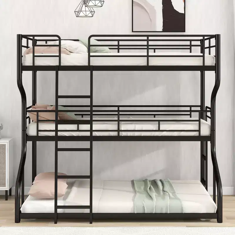 Okak Full over Twin over Queen Size Triple Bunk Bed, Heavy Duty Kids Bunk Beds with 2 Ladders, Bed Frames for Bedroom, Domitory