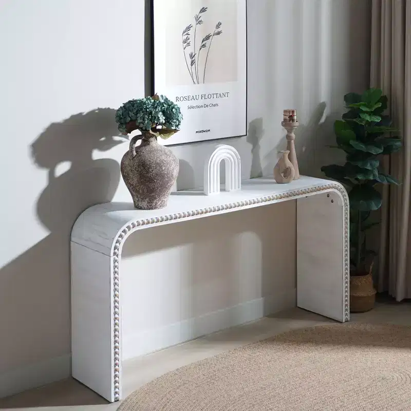 59-Inch Waterfall-Style Console Table with Wood Bead Accents, White