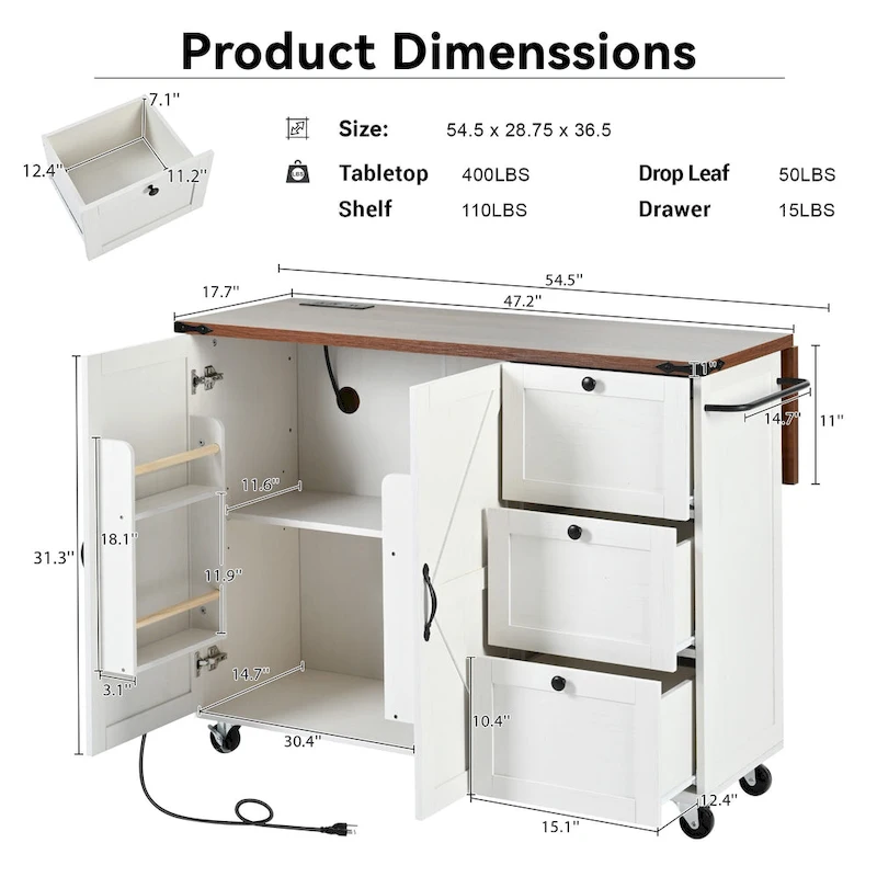 Farmhouse Kitchen Island with Power Outlet and Rolling Cart