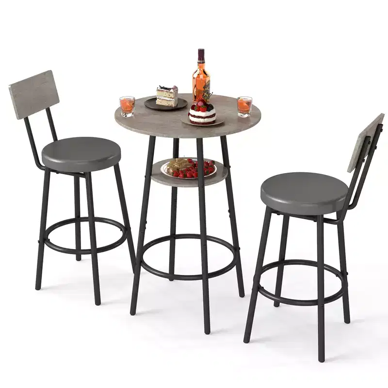 Zevemomo 3 Pieces Round Bar Table Set,Small Dining Table for 2, with Storage,Upholstered Stools with Backrest for Kitchen,Dining Room & Bistro-Grey