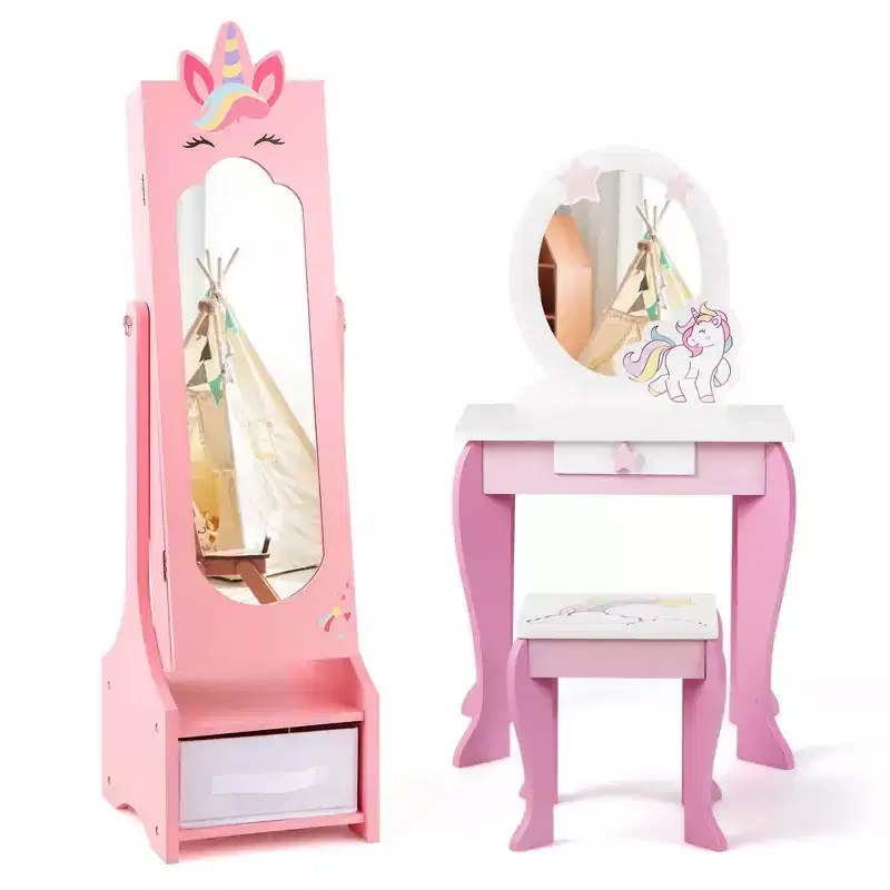 Costway Kids Vanity Set Princess Makeup Dressing Table and Chair Set with Jewelry Armoire White/Pink