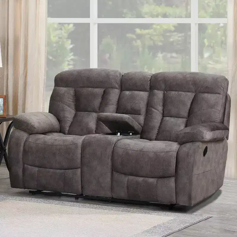 Upholstered Console Loveseat with Recliner, Cup Holders, and Storage, Mushroom Flannel