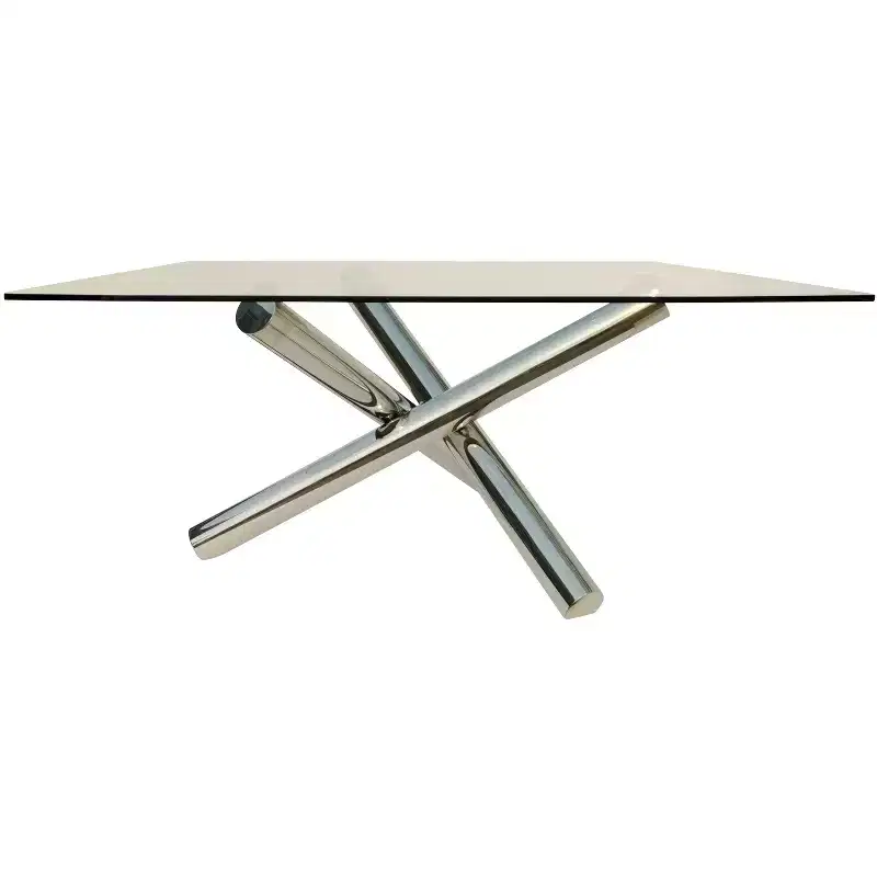 HomeRoots 60 Clear and Silver Glass and Metal Cross Leg Base Square Dining Table