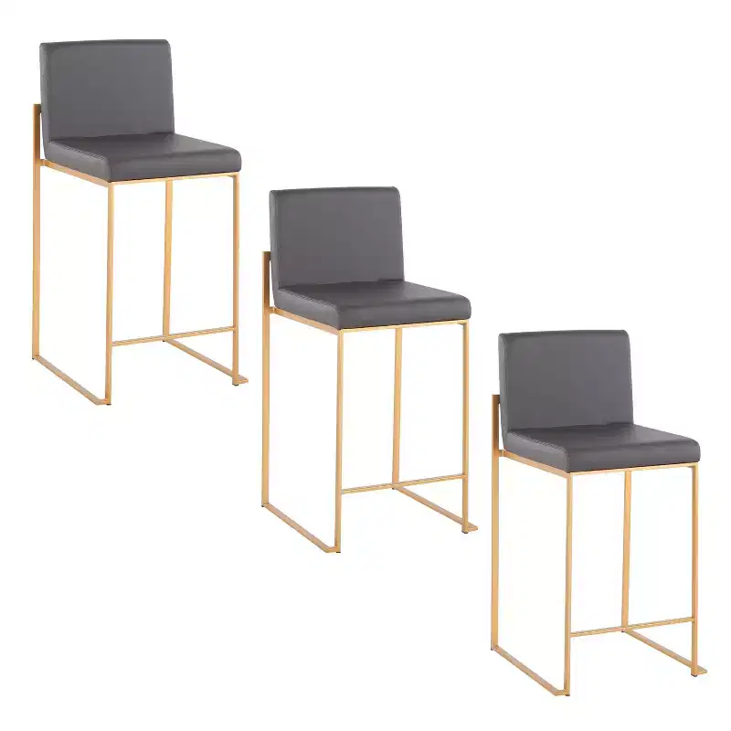 LumiSource Set of 3 Fuji High Back Counter Height Barstools Gold Steel/Gray PU
