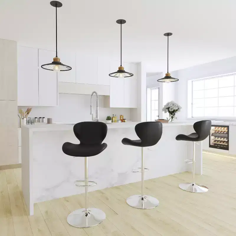 Adjustable Height Barstool, Contemporary Curved Back with Metal Pedestal Base and Footrest