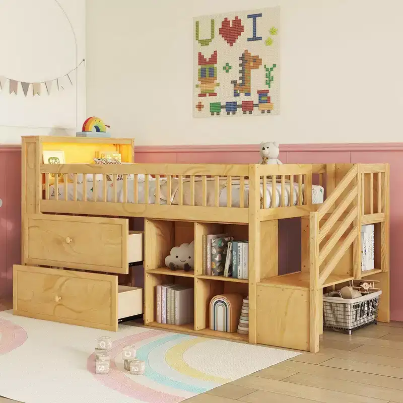 Whisen Twin Size Loft Bed with LED, Bookshelf, Stairs, Storage Drawers and Shelves, Solid Wood Sturdy Frame