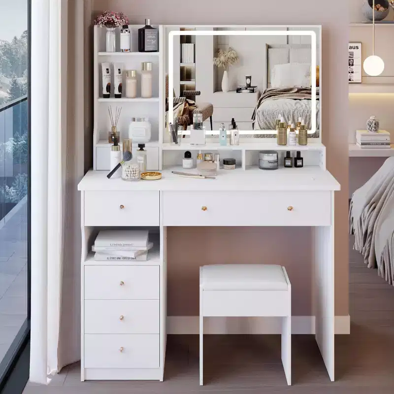 41-Inch Natural Makeup Vanity Desk with Touch-Control LED Mirror, Organized Storage, Matching Stool for Bedroom