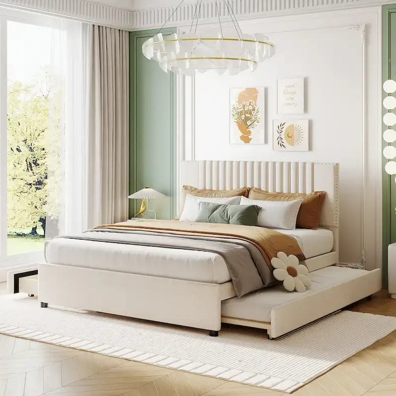 Upholstered Platform Bed with 2 Drawers and 1 Twin XL Trundle