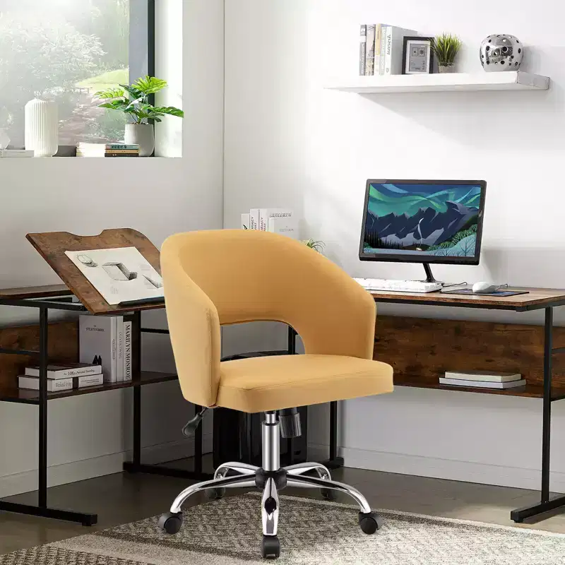 Adjustable Swivel Desk Vanity Chair Upholstered Office Chair w/ Hollow Out Back