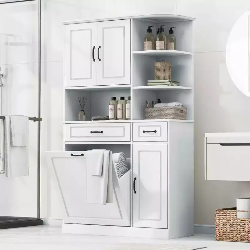 White Tall Freestanding Storage Cabinet Drawers Doors Adjustable Shelves Flip Drawer MDF