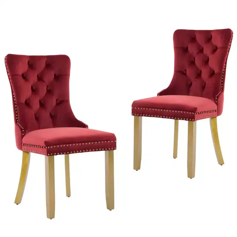 2 Red and Gold Tufted Velvet And Solid Wood Dining Side Chairs