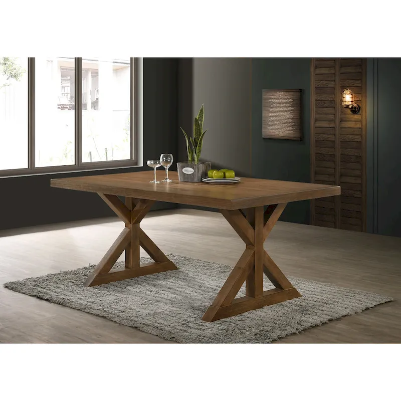 Farmhouse Wood Trestle Dining Table in Brushed Driftwood Finish