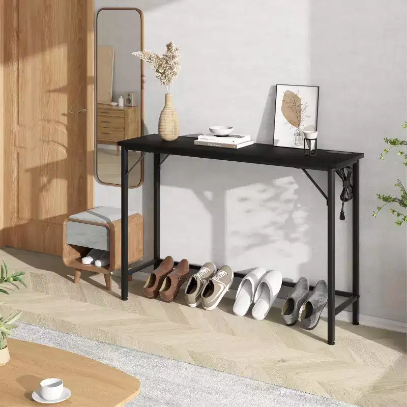 Modern Console Table with Built-in Charging Station, Behind Sofa Side Table with USB & Outlets
