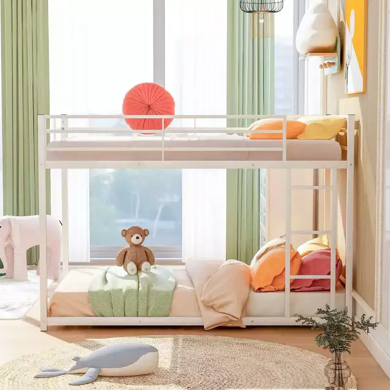 77.1IN Twin-Over-Twin Size Metal Floor Bunk Bed, Twin Bed with Ladder and Safety Guardrail, Kids Bunk Beds for Bedroom, Dormitory, White