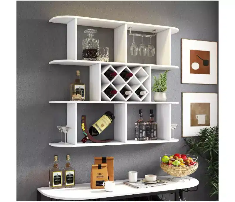 Grey Wall-Mounted 3-Tier Rustic Wine Rack with Glass Holder - Ideal for Home Bar/Restaurant