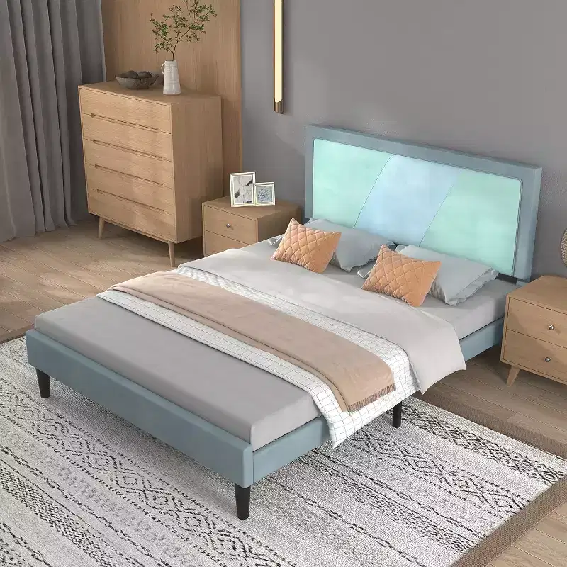 Full Size Heavy Duty Bed Frame with Steel Slats, Adjustable Height Headboard, No Box Spring Needed Easy Assembly,beige