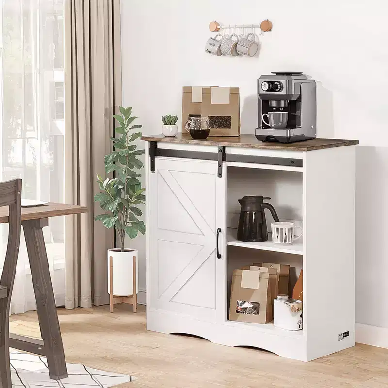 Coffee Bar Cabinet, 31.5 x 13.8 x 31.5 in Farmhouse Coffee Bar Cabinet with 3-Tier Storage, Coffee Bar Table with Barn Door, White
