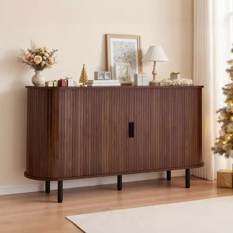 VEVOR Coffee Bar Cabinet, Mid Century Fluted Coffee Bar Table, Buffet Stand Cabinet with 2 Sliding Doors, Sideboard Buffet Station, Walnut