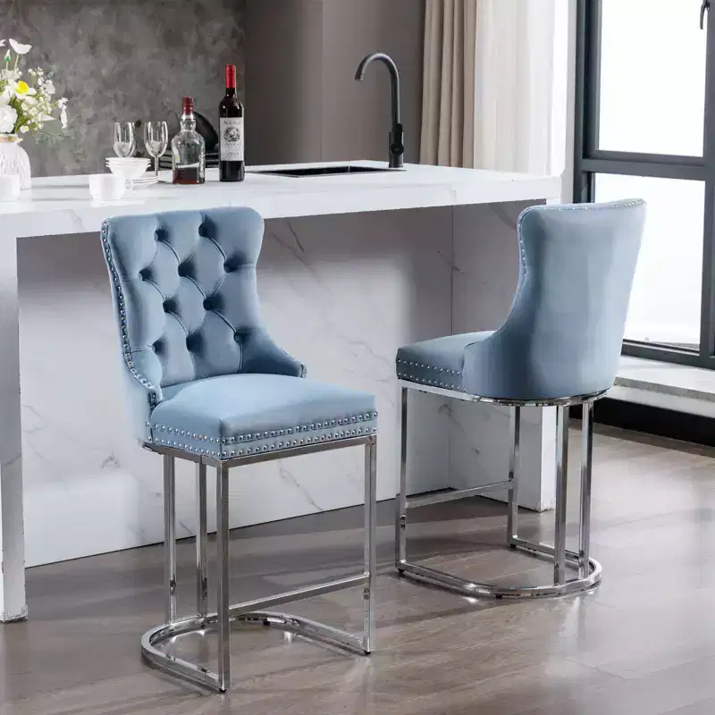 Okak Counter Bar Stools Set of 2, Modern Velvet Upholstery with Button Tufting & Rivet Trim, Brushed Nickel Metal Base for Kitchen Island