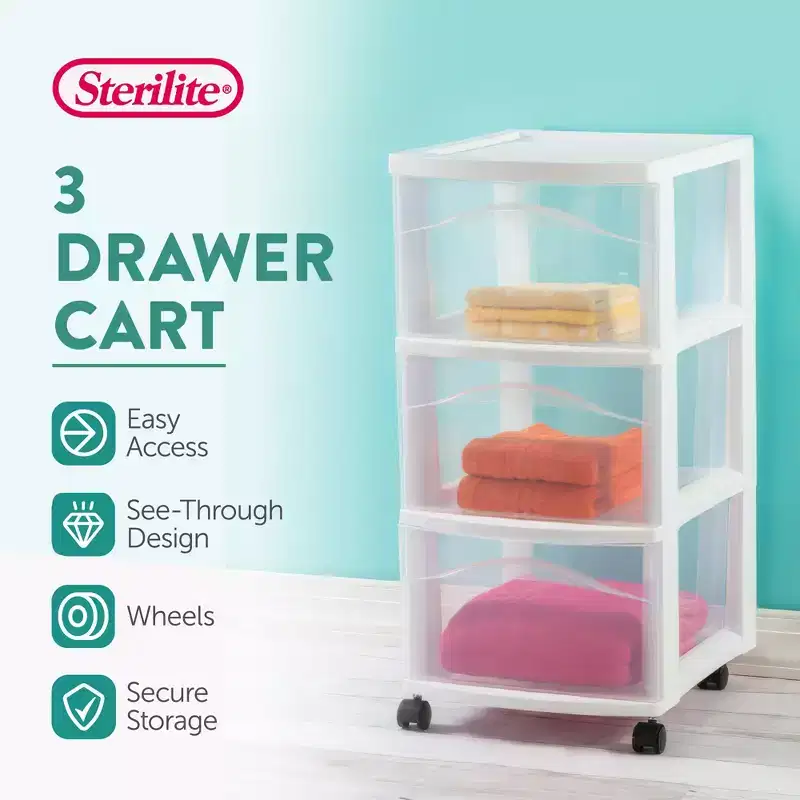 Sterilite 3 Drawer Storage Cart, Plastic Rolling Medium Organizer, White, 4 Pack