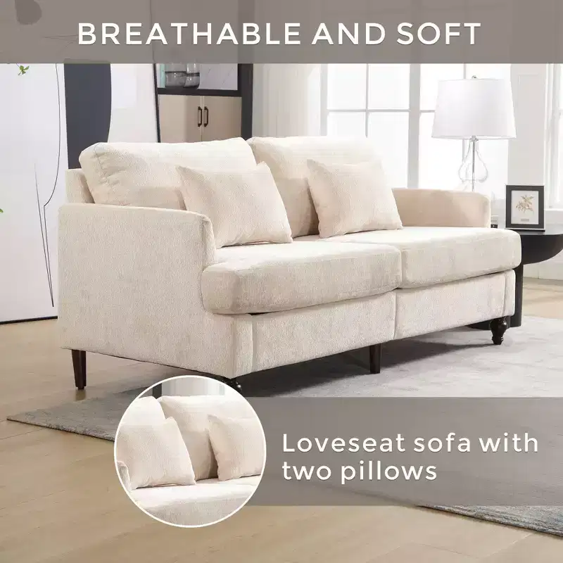 Vintage Chenille Fabric Mid-Century Loveseat, 2-Seater Upholstered Sofa for Living Room, Brown Wooden Leg Sofa for Bedroom