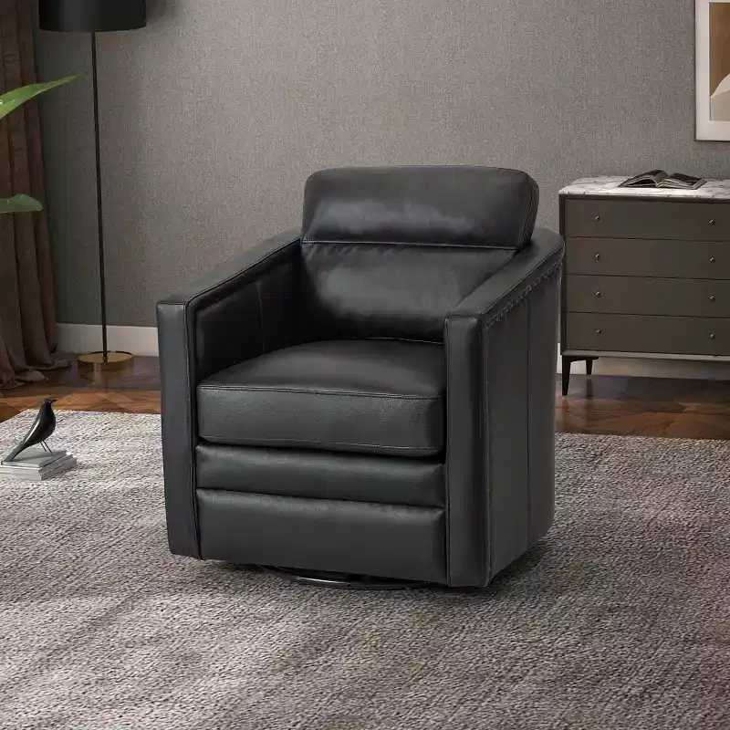 Eulalia 28.74 Wooden Upholstery Wide Genuine Leather Swivel Chair with Swivel Metal Base and Squared Arms| ART OF LIVING DESIGNS-BLACK