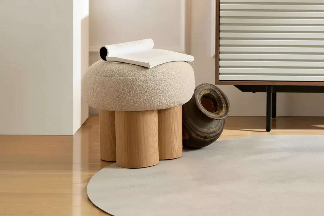 Plush Mushroom Accent Stool with Wooden Legs – 17