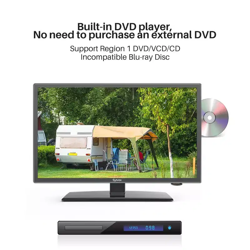 Sylvox 22 inch RV TV, 12 Volt TV with DVD Player, 1080P FHD Television Built in ATSC Tuner, FM Radio, 12V TV for RV, Camper, Boat and Home