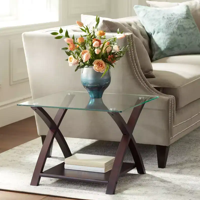 Modern Espresso Wood Square Accent Side End Table 23 3/4 Wide with Shelf, Brown Clear Glass Tabletop for Living Room Bedroom Entryway