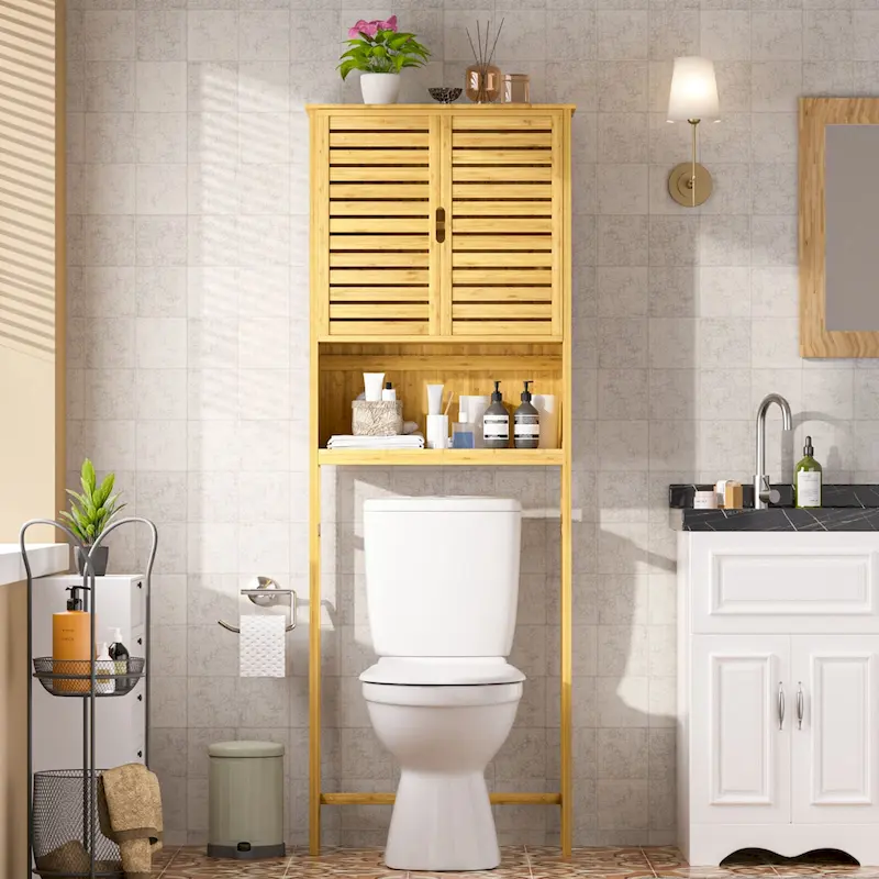 Bamboo Over-the-Toilet Storage Cabinet with Adjustable Shelf & Double Doors