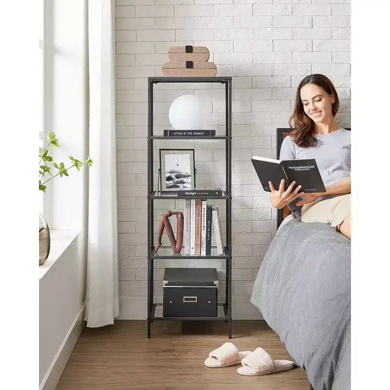 5-Tier Slim Bookshelf with Tempered Glass Shelves and Gold Steel Frame