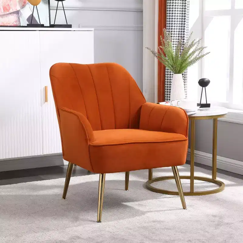 Modern Velvet Accent Chair, Upholstered Mid-Century Armchair with Golden Wood Legs for Living Room & Bedroom