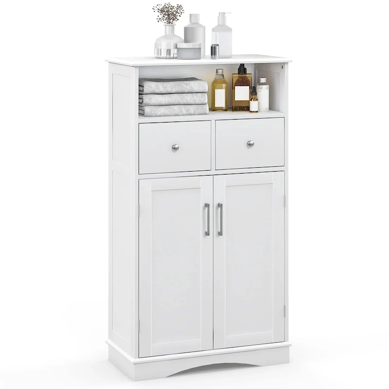 Freestanding Bathroom Floor Cabinet with 2 Drawers and Adjustable Shelf - White
