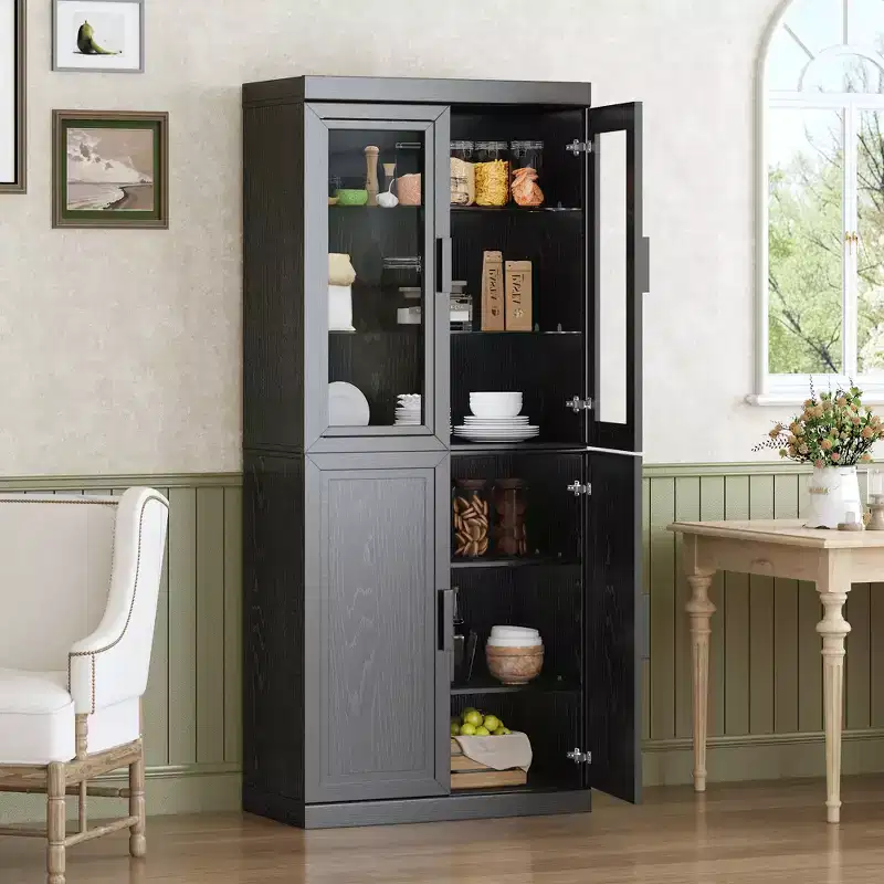Tall Pantry Cabinet - Storage Cabinett with Glass Doors for Kitchen, Dining Room