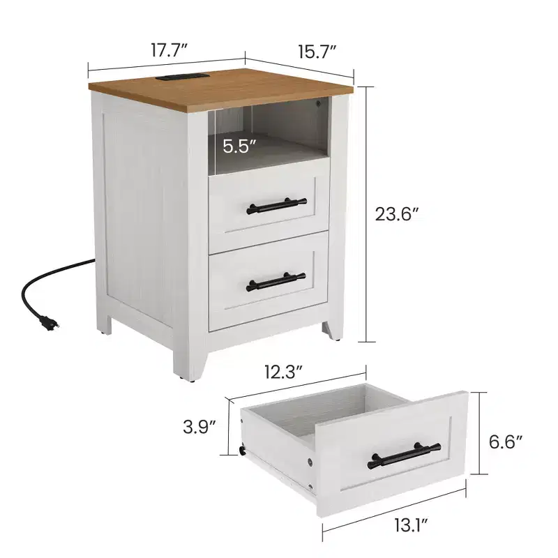 Farmhouse Nightstand with Charging Station 2 Drawers & Open Shelf, USB/Type-C/AC Outlets, End Table for Bedroom, Living Room