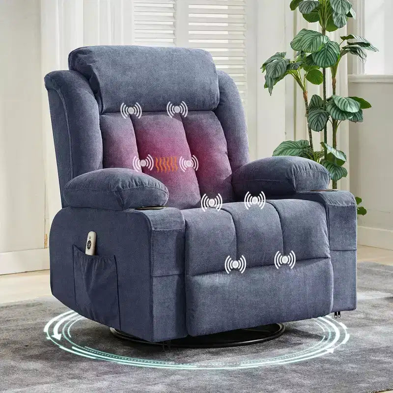 COZONY Rocker Recliner Chair with Heat & Massage - 360 Swivel, Oversized Single Sofa Seat with 3 Positions, USB Ports, Cup Holders, Side Pockets