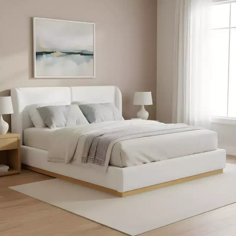 Wooden Boucle Upholstered Bed Frame with Enclosed Base and Headboard