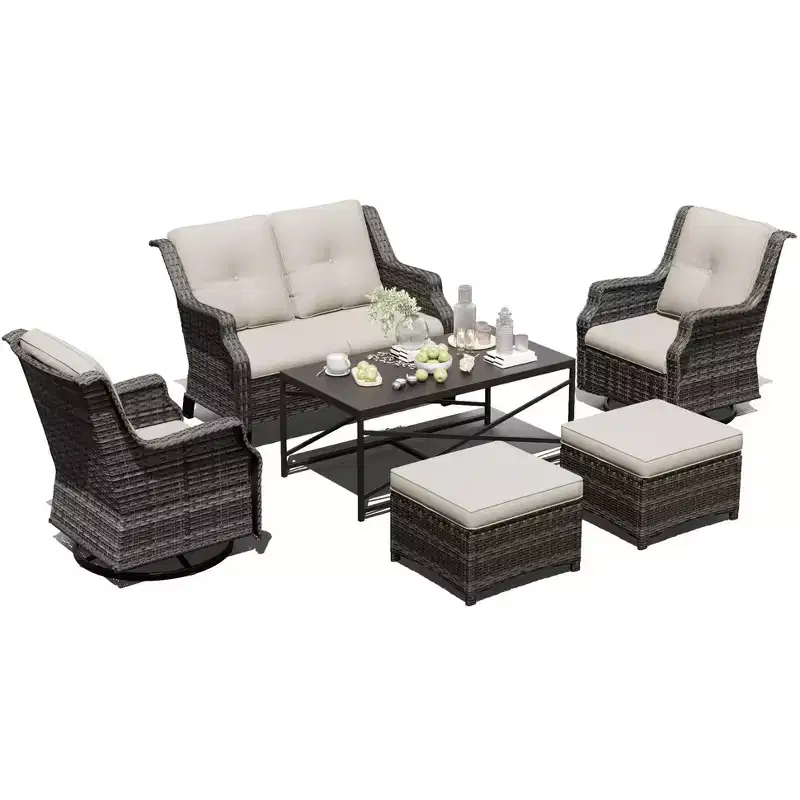 UPTIOT Outdoor Patio Set with Sofa, Rockers, Ottomans, and Coffee Table for Relaxing Backyard Comfort
