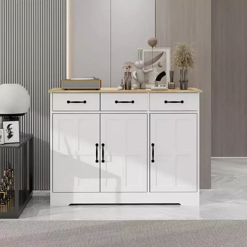 Buffet Cabinet Storage Sideboard with 3 Drawers & 3 Doors Shelves Console Table Farmhouse Server Bar Wine Cabinet