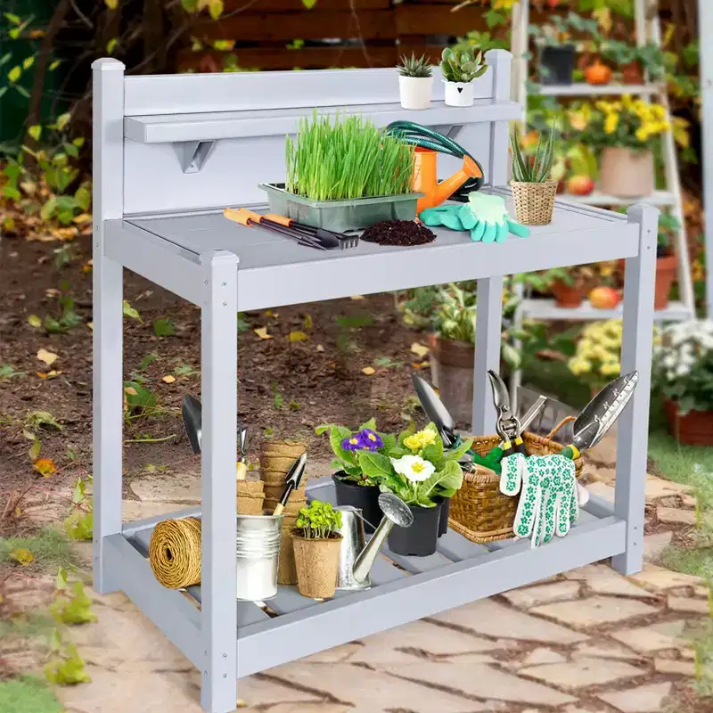 Outdoor Indoor Maintenance Free Vinyl Garden Potting Bench, Waterproof Potting Table with Open Shelf, Lower Storage, Gray