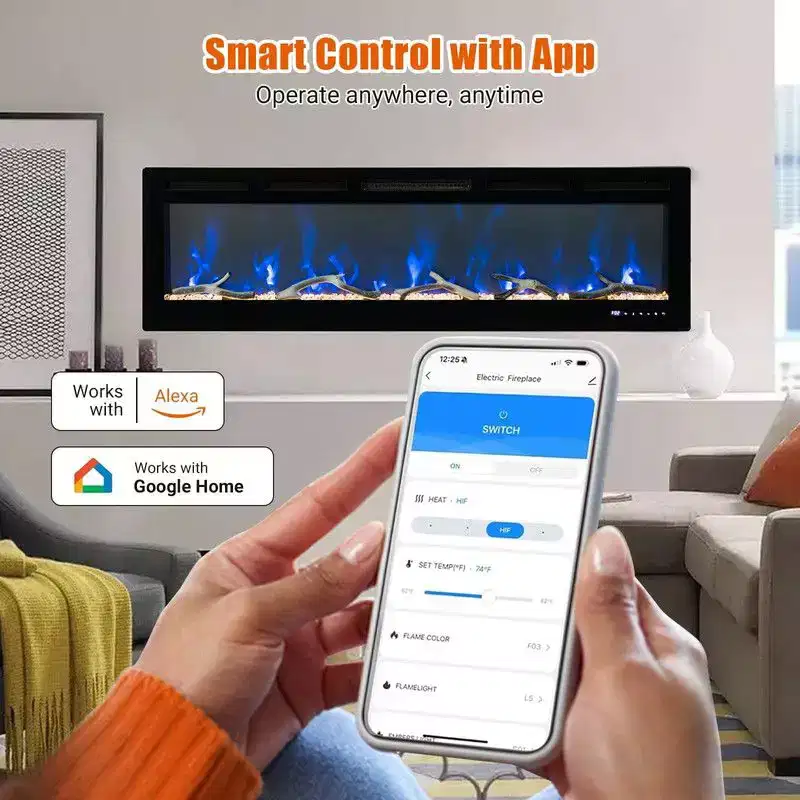 Coolmee 80 Inch Electric Fireplace, Recessed and Wall-Mounted, Smart WiFi Alexa Voice Control, 3D Flame Effect, 12 Color Options, 750W/1500W