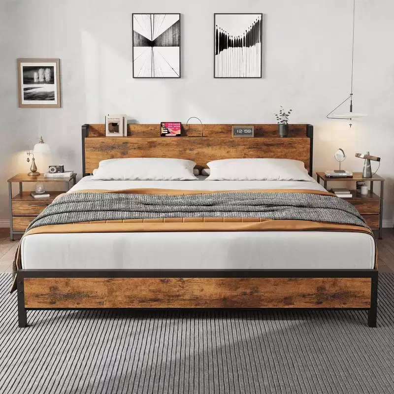 King Size Bed Frame with Storage Headboard, Industrial King Bed Platform with Charging Station and USB Ports, No Box Spring Needed - Rustic Brown