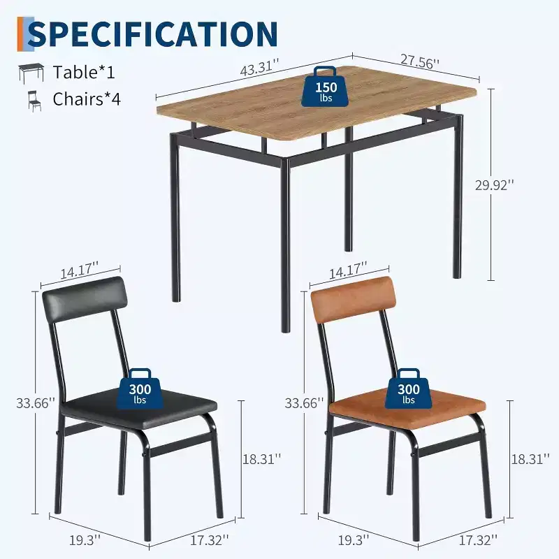 Acekool 5-Piece Dining Table Set, Brown Woodgrain Table , Space Saving, for Kitchen
