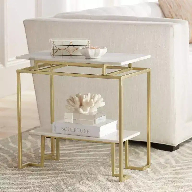 Coast to Coast Accents Modern Burnished Gold Rectangular Accent Table 24 x 14 White Marble Tabletop with Shelf for Living Room