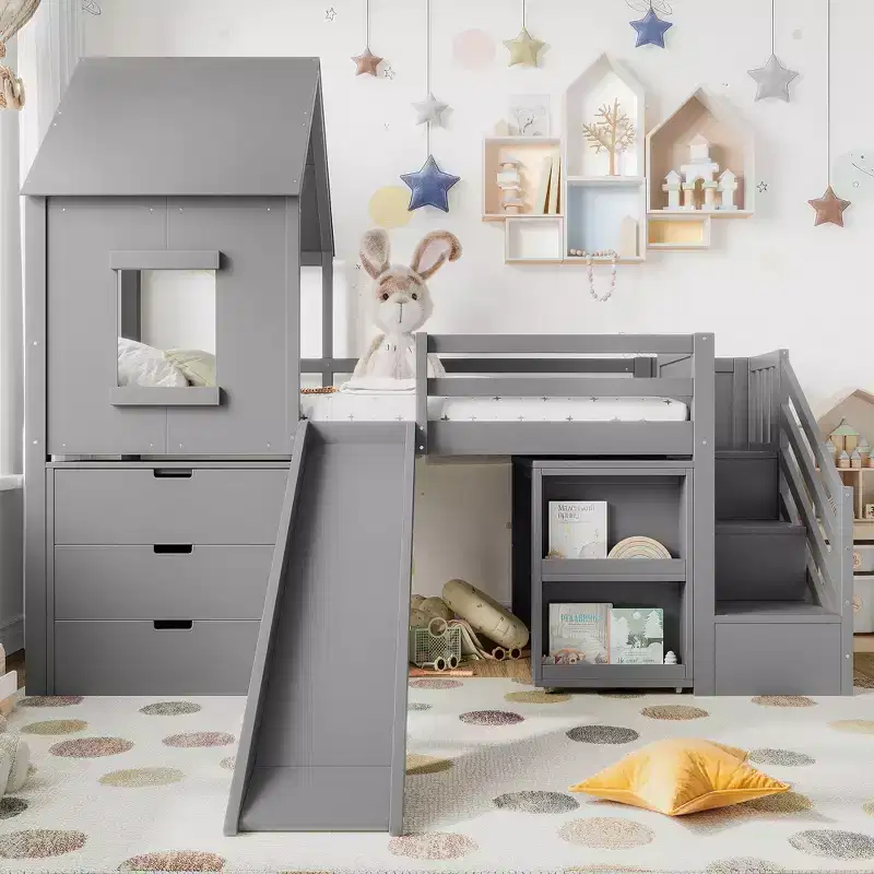 Twin Size Loft Bed with 3 Drawers & Storage Stair, Wooden House-style Bed Frame with Slide and Removable Desk