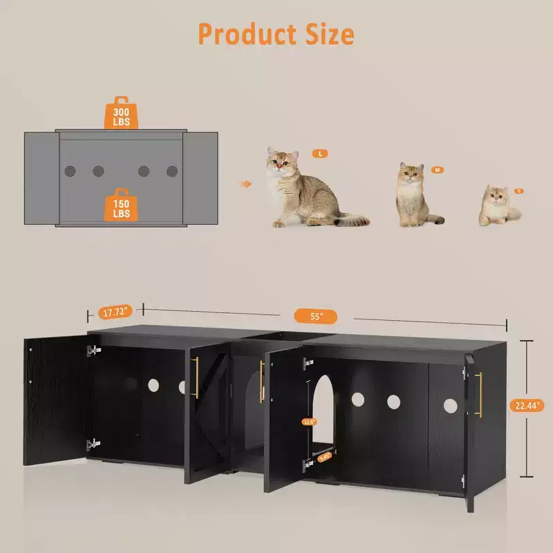 Cat Litter Box Enclosure, Large Cat Litter Cabinet, Double Enclosed Litter Box Furniture, Wooden Litter Box Cabinet, for Home, Living Room