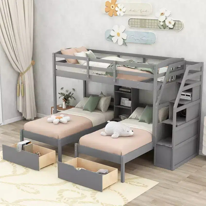 Whisen Twin over Twin & Twin Bunk Bed, Triple Bunk Bed with Drawers, Storage Staircase and Built-in Shelves