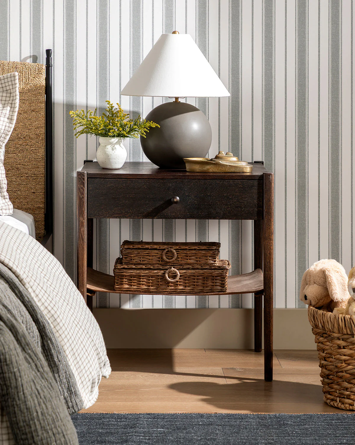 Rustic Oak Nightstand with Leather Shelf & Round Pull for Bedroom