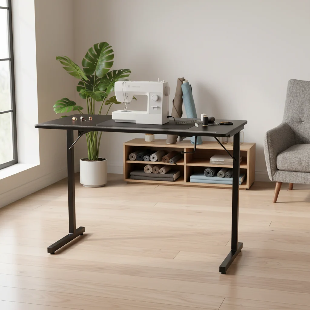 Portable Folding Sewing Table with Steel Legs, Black