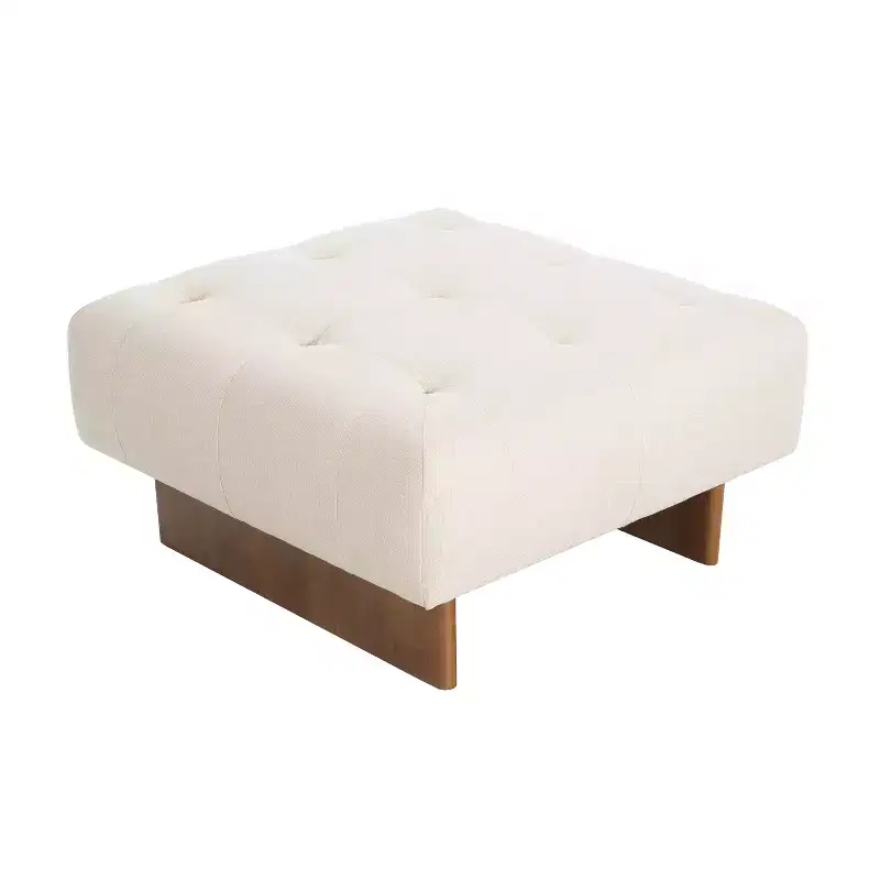Square Upholstered Tufted Linen Ottoman with Solid Wood Legs, Beige